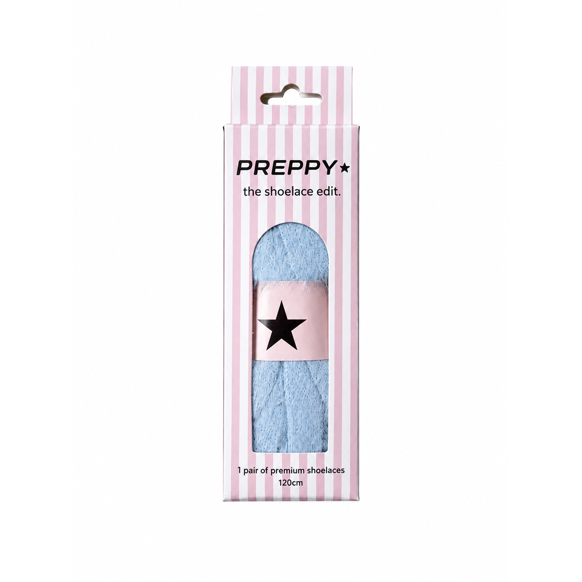 PREPPY brand shoe lace package containing 1 pair of light blue premium shoelaces, in a pink and white striped box with a black star logo.