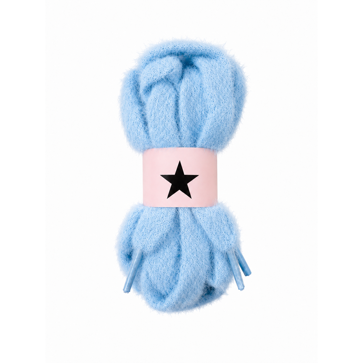  fluffy, fuzzy light blue preppy shoelaces wrapped in a pink paper band featuring a black star logo, set against a plain white background.