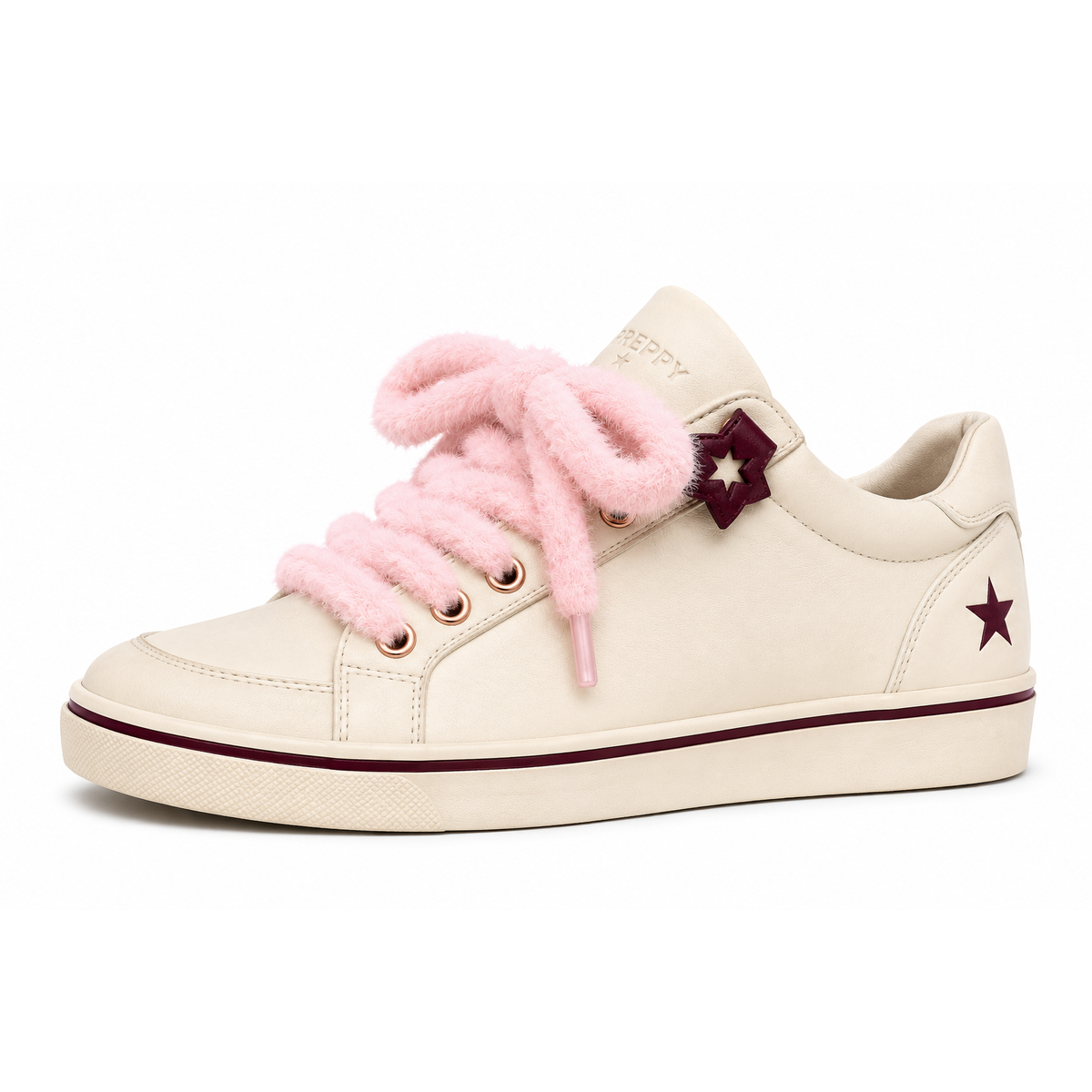 A low-top sneaker in off-white leather with fluffy light pink laces, a dark burgundy star on the heel, and a matching burgundy stripe along the sole, shown against a plain white background.
