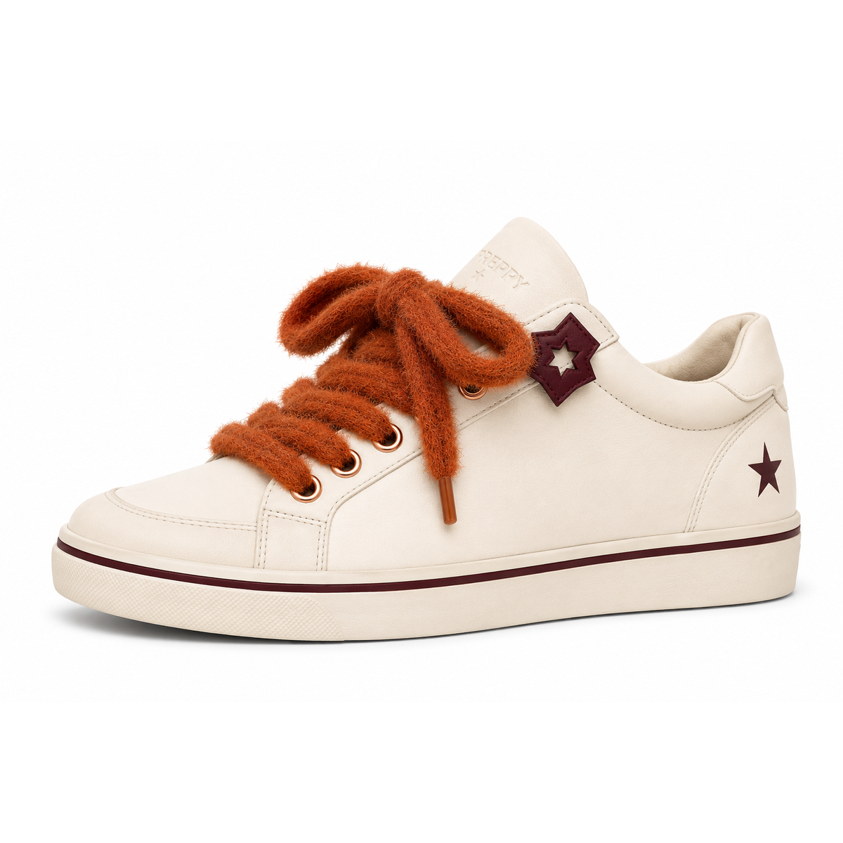 An off-white leather low-top sneaker with chunky rust-orange fuzzy laces, a dark burgundy star detail on the side, and a matching burgundy stripe along the sole, shown against a plain white background.