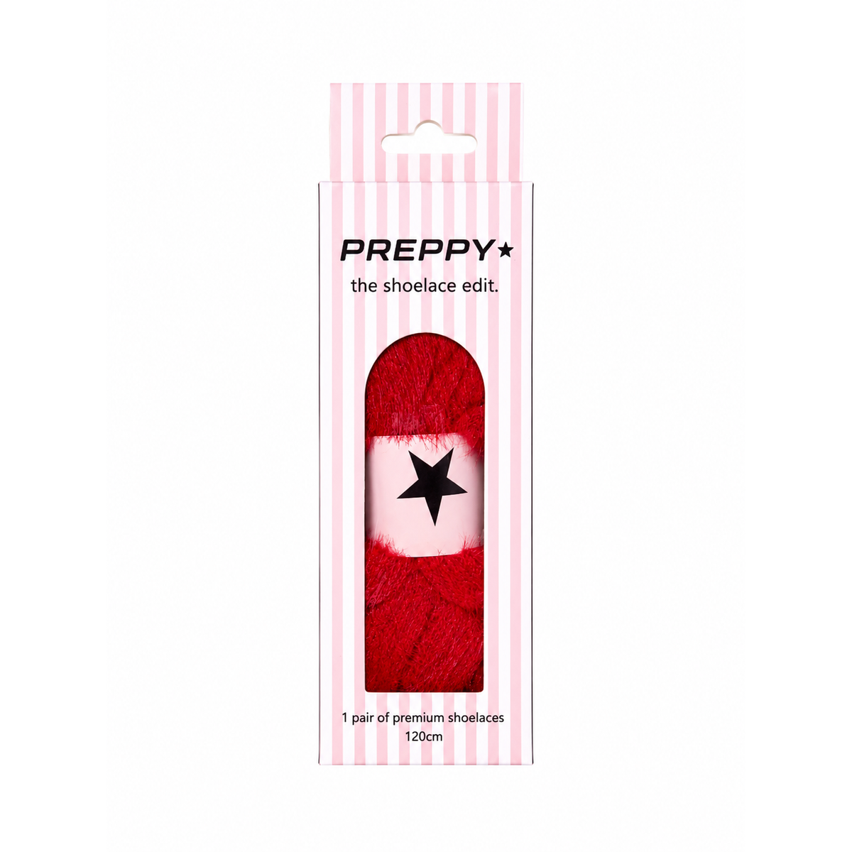 PREPPY brand red and white striped packaging containing a pair of premium mink shoelaceS, with a clear window showing the laces and a black star logo.