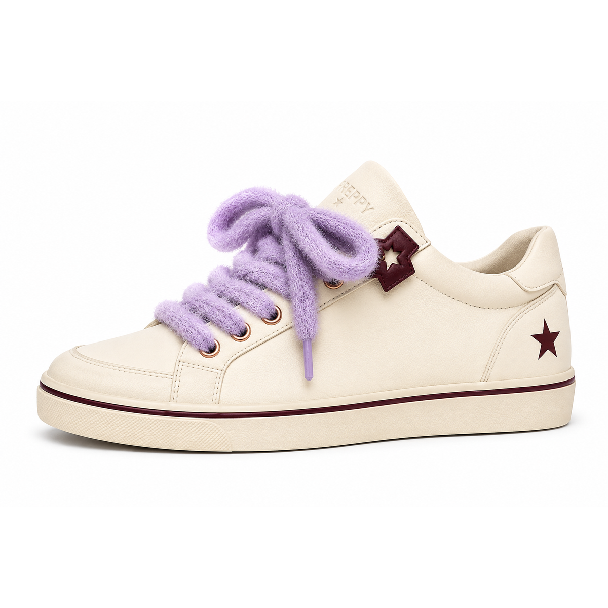 A low-top sneaker in off-white leather with fluffy light purple fuzzy laces, a dark burgundy star emblem on the side, and matching burgundy piping along the sole.