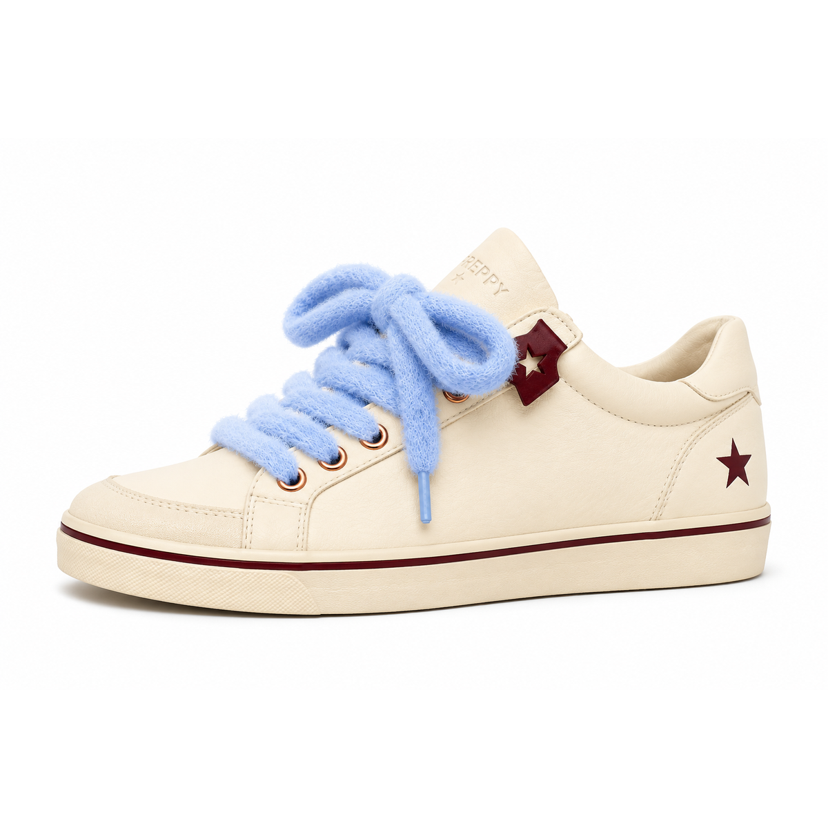 A low-top sneaker in cream-colored leather with fluffy light blue laces, a burgundy star detail on the side, and a burgundy stripe along the sole, shown against a plain white background.