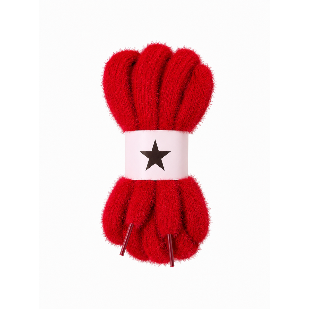 A bundle of bright red fuzzy plushy shoelaces wrapped with a pink paper band featuring a black star logo, set against a plain white background.
