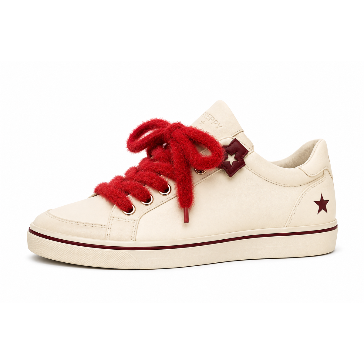 A low-top sneaker in off-white leather with vibrant red fuzzy laces, a red star emblem on the heel, and a red stripe along the midsole, shown against a plain white background.
