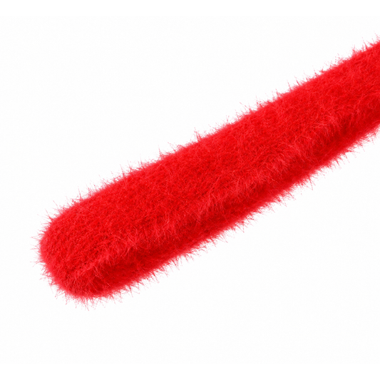 A close-up of a bright red fuzzy faux-fur textured sHOELACES, shown diagonally on a plain white background.