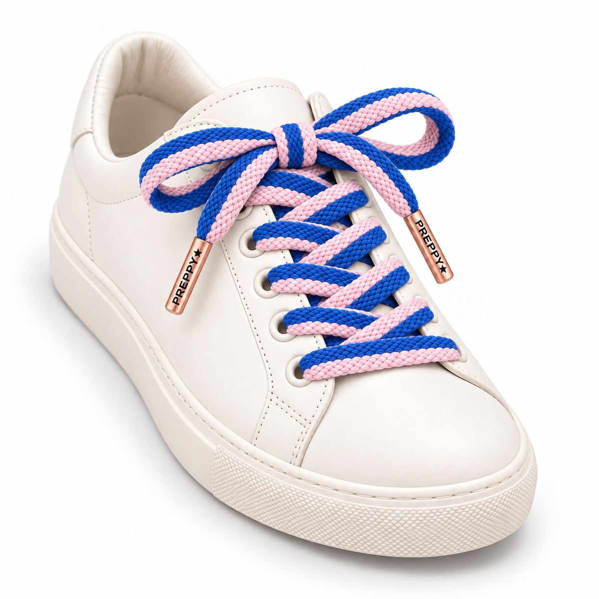 white sneaker with blue and pink polyester shoelaces and rose gold aglet that say preppy with a star