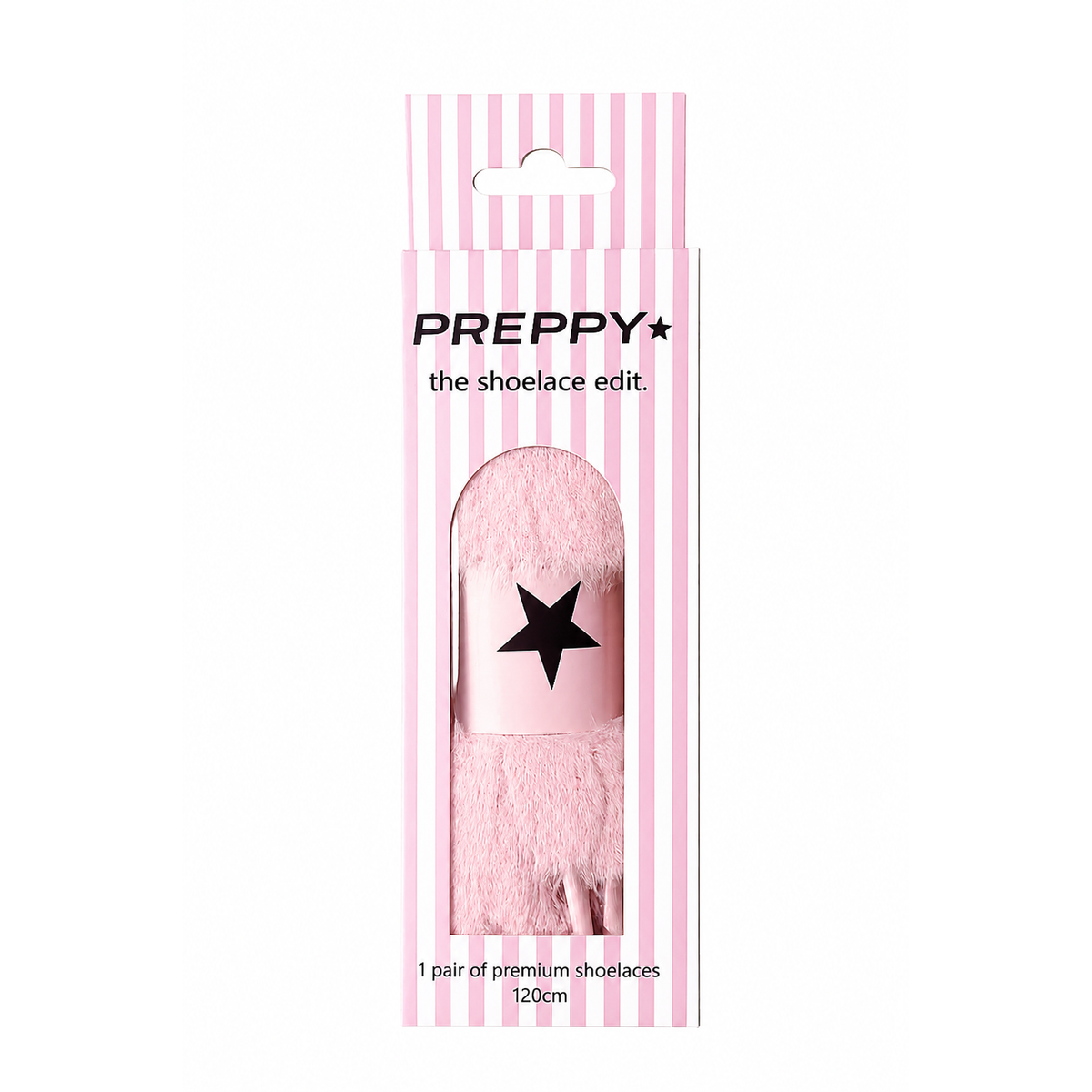 PREPPY brand pink fuzzy shoelaces in a pink and white striped cardboard packaging with a clear window showing the product inside.