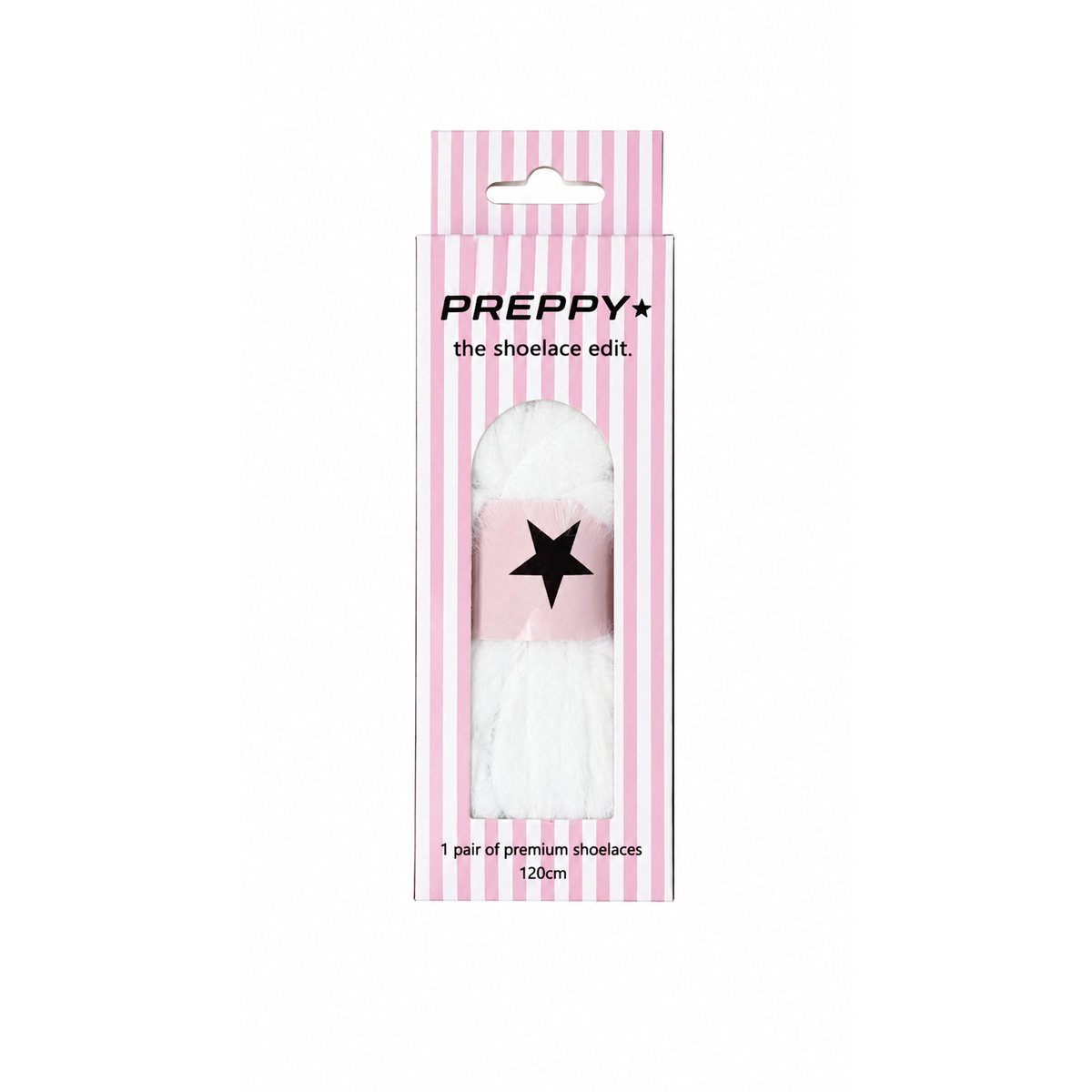PREPPY white premium shoelaces in a pink and white striped cardboard packaging with a black star logo.