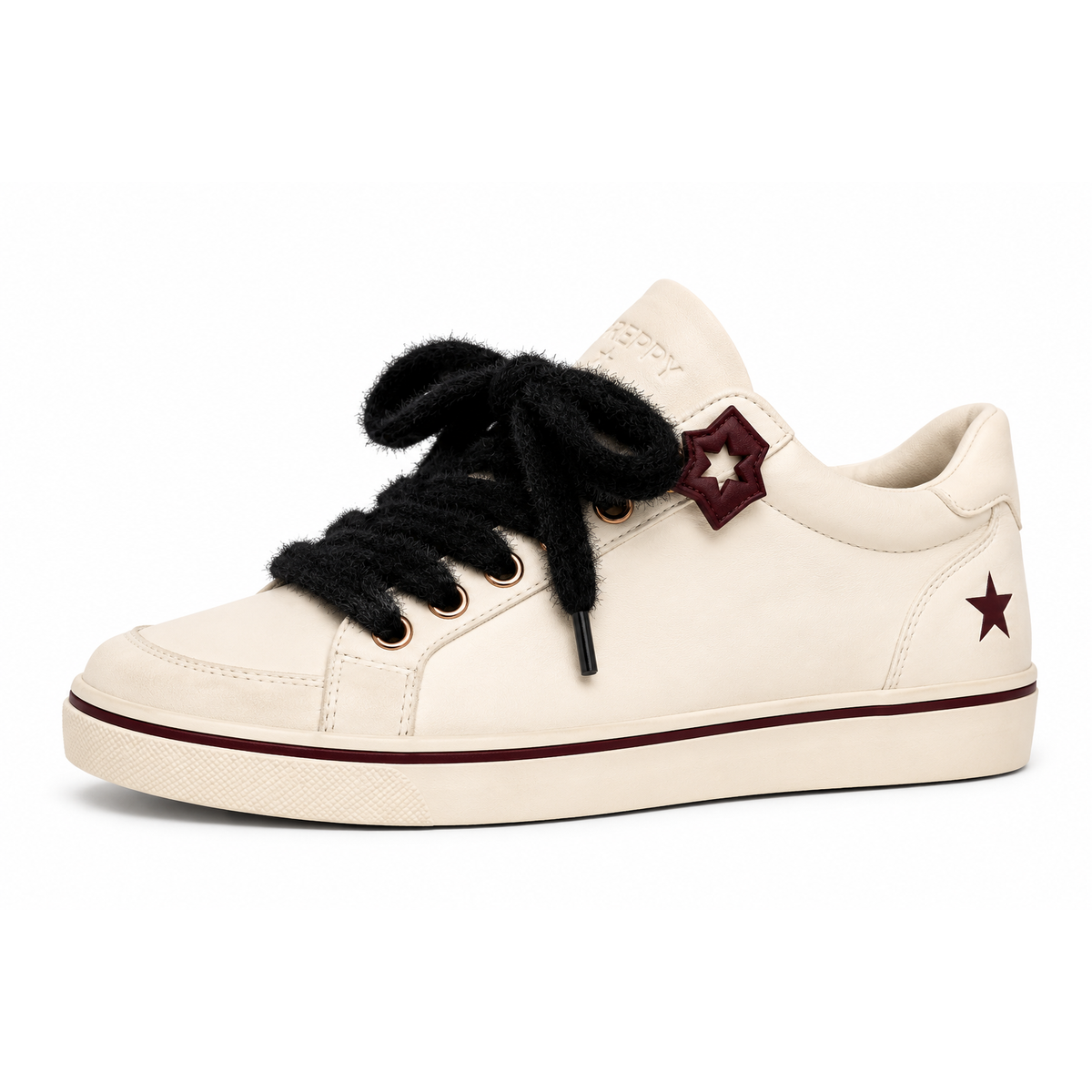 A low-top sneaker in off-white leather with black fuzzy laces, a dark burgundy star-shaped accent on the side, and a matching burgundy stripe along the sole, shown against a plain white background.