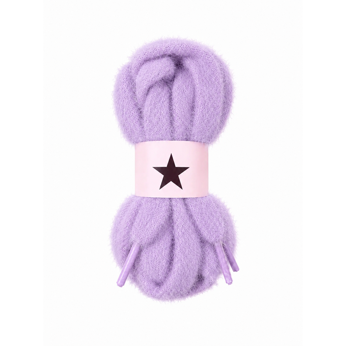 Fluffy, fuzzy lavender purple shoelaces wrapped in a light pink paper band featuring a black star, set against a plain white background.