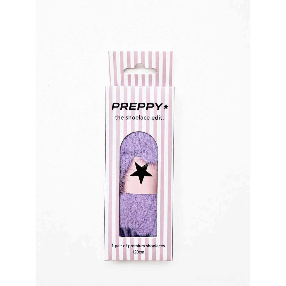 preppy shoelaces inside striped packaging 