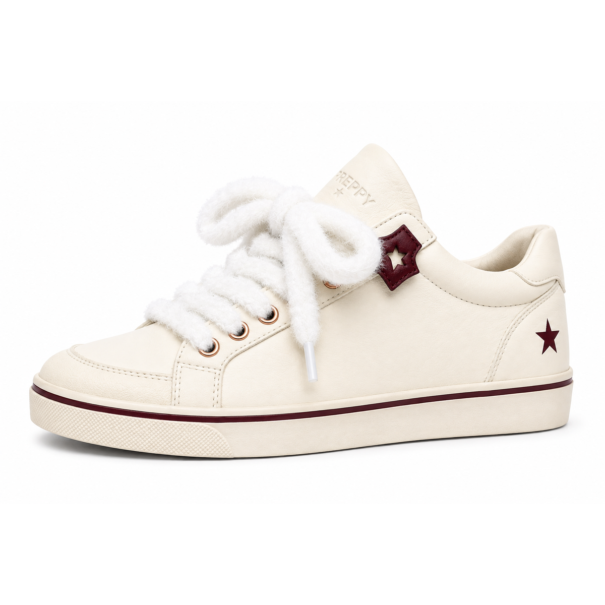 A low-top sneaker in off-white leather with fluffy white laces, a burgundy star detail on the side, and a burgundy stripe along the sole, shown against a plain white background.