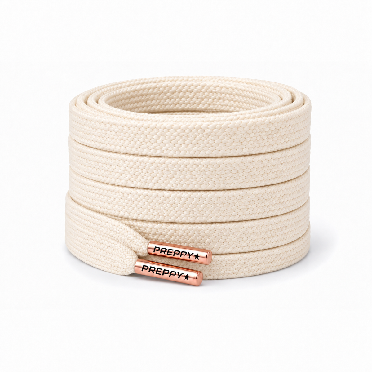 A coiled roll of off-white braided shoelaces with two copper-colored metal aglets printed with the brand name 'PREPPY+'. The product is photographed on a clean, solid white background.